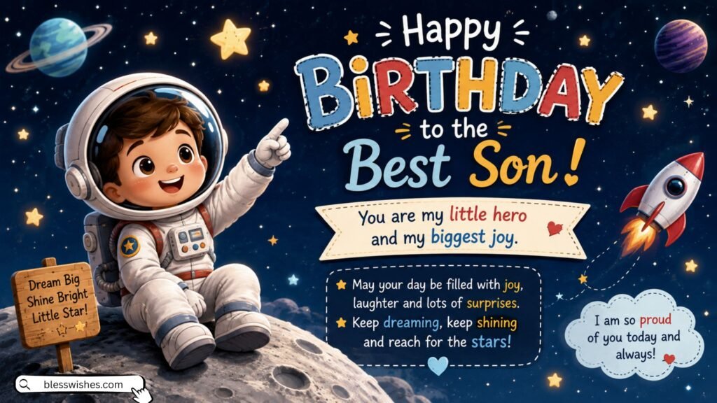 Birthday Wishes for Son in English Cute Astronaut Design